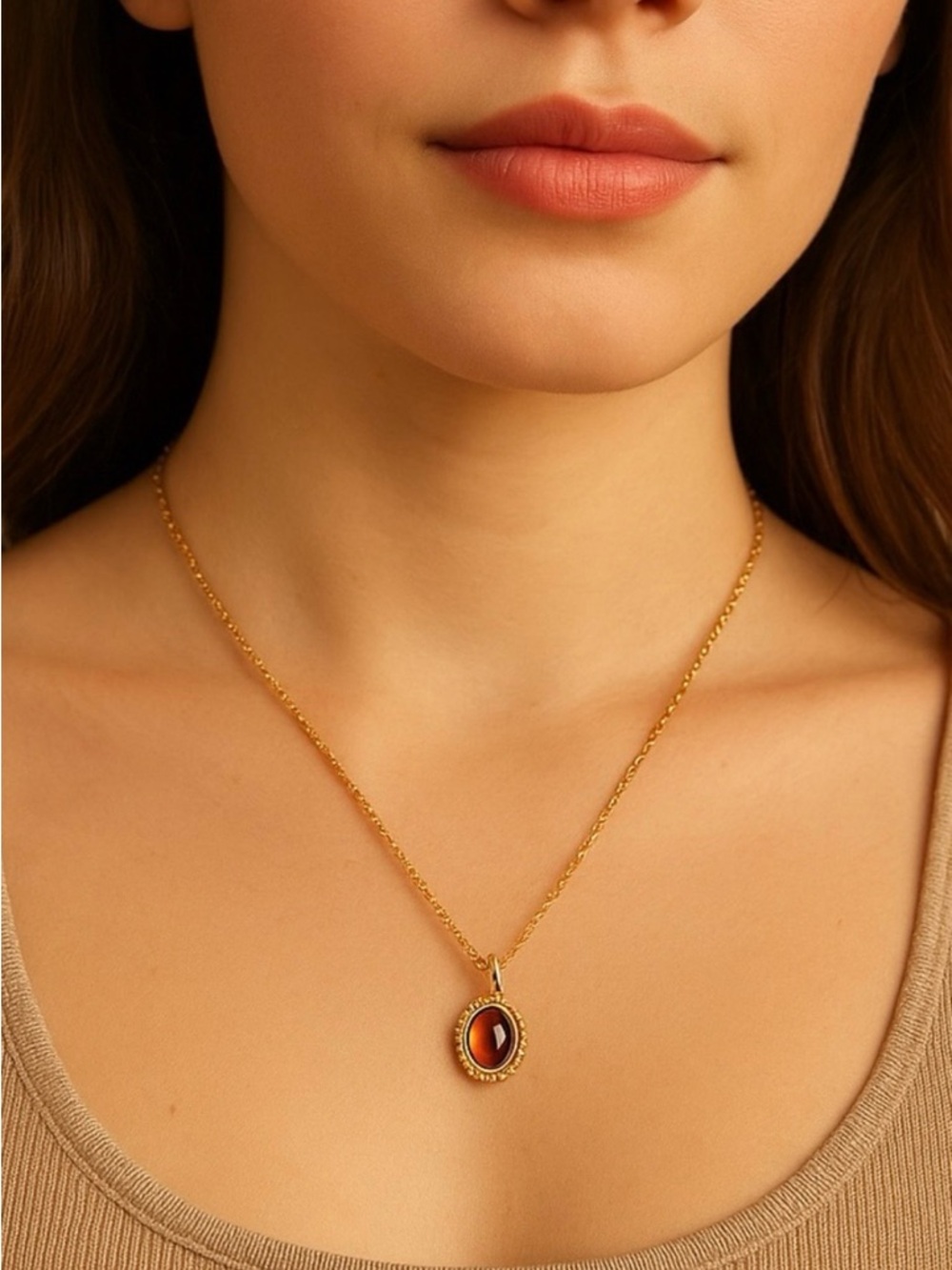 Vintage Trifari Cranberry Red Glass Cabochon Pendant Necklace Gold Tone - Picture 2 of 11